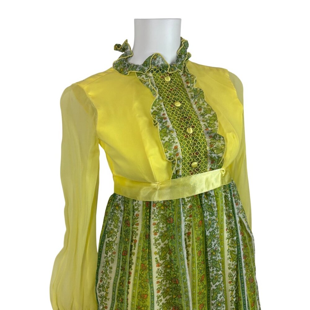 Vintage 70s Maxi Dress Juniors Sheer Yellow Chiffon Sleeves Printed Skirt Bow - Picture 6 of 13